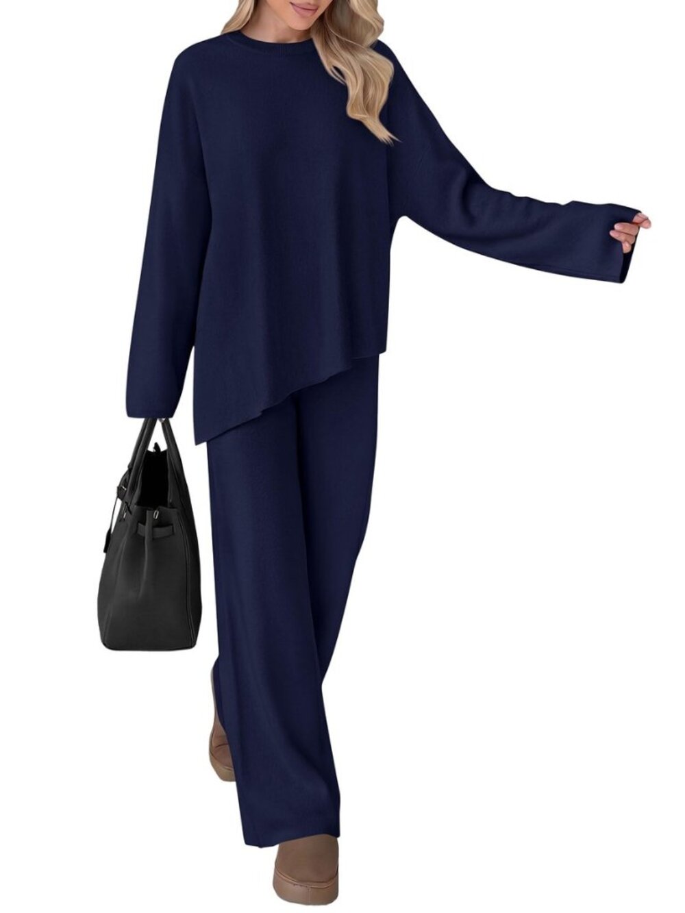 Womens Fall 2 Piece Asymmetric Cozy Sweater Travel Lounge Sets